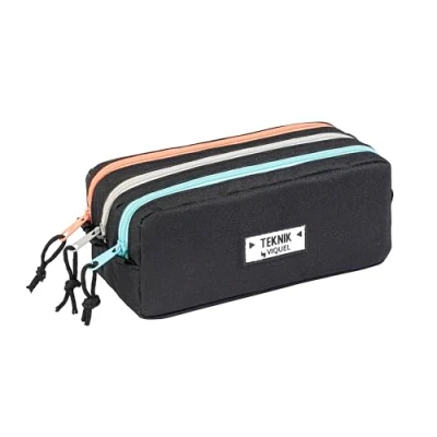 Image de Viquel Trousse Scolaire Teknik Noire pour Enfants en Polyester 600D Résistant 3 Compartiments, Zips de Couleur et Cordelettes Patch Décoratif