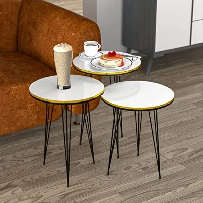 Image de [en.casa] Set de 3 Tables d&#039;Appoint Lot Bouts Canapé Polyvalentes Rondes Gigognes Panneau Particules Métal Blanc Noir