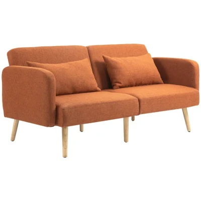 Image de HOMCOM canapé Convertible 3 Places, lit 2 Dossier inclinable et accoudoirs réglables, clic clac en Tissu Effet Lin, Pieds Bois Massif, Coussins lavables, Marron