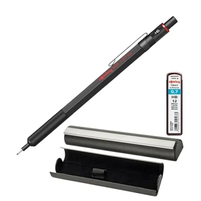 Image de rOtring Lot de 600 Porte mines avec 12 HB 0,7 mm Noir Corps entièrement métallique mine dans un élégant étui à fermeture magnétique