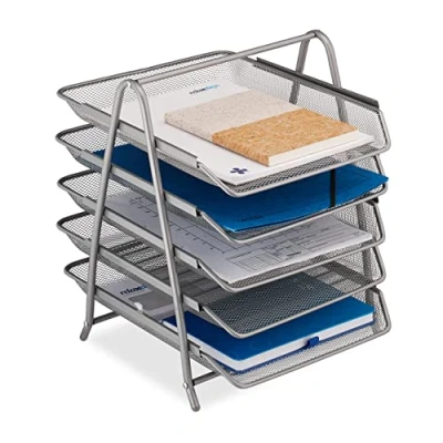 Image de Relaxdays Porte courriers, Support Documents en Format A4, 5 Compartiments, 37,5 x 30 35 cm, Aspect Maille, argenté