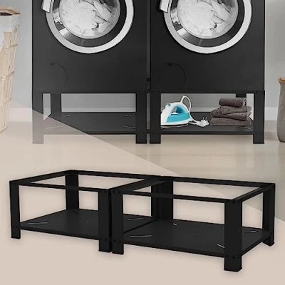 Image de ML Design Support Double pour Machine à Laver avec 2 Étagères Coulissantes, Noir, en Acier, jusqu&#039;à 2x 150kg+10 kg, Pieds Réglables, Socle Lave Linges Standard, Base Compartiments