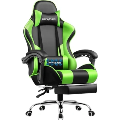 Image de GTPLAYER Chaise de Bureau, Jeu, Ergonomique, avec Repose Pieds, Appui tête, Coussin Lombaire rembourré, Fauteuil pivotant, Vert
