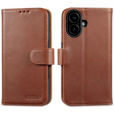 Image de LENSUN Cuir Véritable Coque pour iPhone 16, Étui Portefeuille Housse [RFID Blocage][Rangements Cartes][Fermoir Magnétique] Compatible avec Apple 16 (6,1&quot;) Marron Foncé
