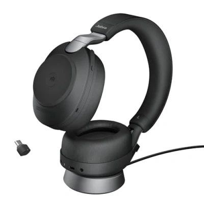 Image de Jabra Evolve2 85 Casque PC Sans Fil avec Station de Charge Audio Certifié Microsoft Teams Anti Bruit Batterie Longue Durée Adaptateur Bluetooth USB C Noir