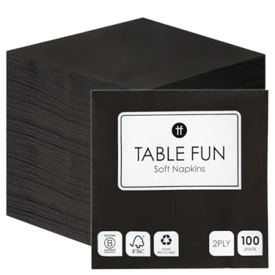 Image de Talking Tables Lot de 100 serviettes en papier noir doux, fête jetables pour anniversaire, Noël, mariages, restauration, vaisselle, fabriquées dans l&#039;UE, 2 plis 33 cm