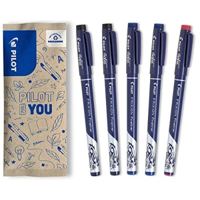 Image de PILOT Lot de 5 FriXion Fineliner Stylo Feutre effaçable à encre thermosensible 2 Bleus, Noirs, 1 Rouge d&#039;écriture pointe fine