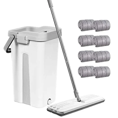 Image de Ensemble serpillère et Seau, Plate en Microfibre pour Humide Sec avec poignée Acier Inoxydable, Seau à Double Chambre Convenant Tous Les sols (Blanc)