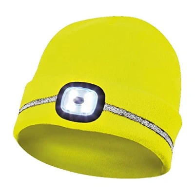 Image de Gebol Bonnet LED Jaune Lampe frontale sur tricoté avec bandes réfléchissantes Port USB pour recharger Durée d&#039;éclairage de 60 minutes 4 niveaux Unisexe