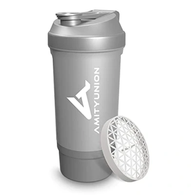 Image de AMITYUNION Shaker à protéines 700 ml FYRA étanche sans BPA avec compartiment poudre, tamis et balance pour shakes crémeux, tasses, shakers isolants concentrés Iso Sport, Argent