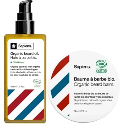 Image de Sapiens Duo Soin Barbe Homme Bio Fabriqué en France Huile à 50 ml + Baume 60 Soins de Ricin Favorise la Pousse et Hydrate
