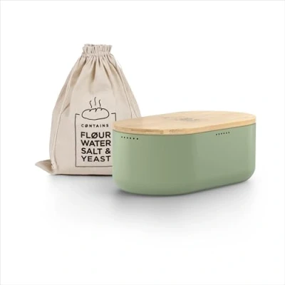 Image de LARS NYSØM Boîte à Pain I Boite a avec Sac en Lin pour Une fraîcheur Durable Couvercle Bambou de Haute qualité pouvant être utilisée comme Planche découper 36x19x13cm (Sage Green)