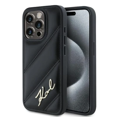 Image de Étui matelassé en diagonale avec script Karl Lagerfeld pour iPhone 15 Pro Max Noir