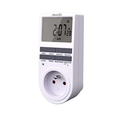 Image de Awootsv Programmateur Prise Électrique et Digitale, with LCD écran avec Compte à rebours Minuterie Numérique Journalier/Hebdomadaire 18 Programmes (1 Pack)