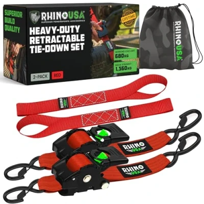 Image de Sangles d&#039;arrimage rétractables à cliquet (Paquet de 2) Résistance la Rupture 1360 kg, y Compris (2) Auto 5 cm x 3 m avec poignées rembourrées Rouge