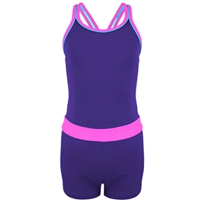 Image de Aquarti Maillot de Bain Natation 1 Pièce Shorty pour Fille, Bleu foncé/Violet, 140