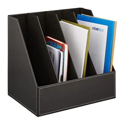 Image de Relaxdays Rangement Similicuir, 4 Compartiments, formats A4 C4, Stable, HxLxP: 35 x 18 26,5 cm, Organiseur, Noir