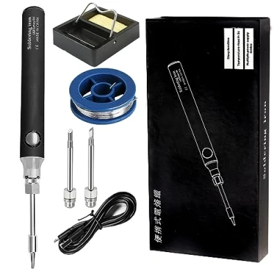 Image de Treedix Kit de fer à souder, 8 W, outils soudage avec température réglable 330 450 ℃, souder électrique sans fil, câble charge USB, support soudure, 3 embouts pour soudure et