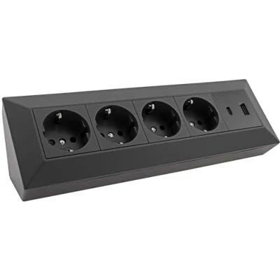Image de ChiliTec Bloc multiprise d&#039;angle 4 prises 230 V avec USB A C PD pour bureau, cuisine, atelier, noir