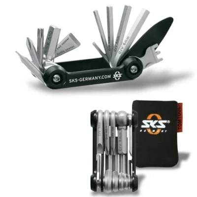 Image de SKS GERMANY TOM Mini outil multifonctions vélo (mini roue, en acier inoxydable/aluminium, nombreuses fonctions d&#039;outillage intégrées)