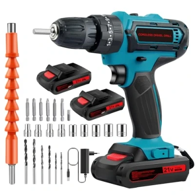 Image de Perceuse Visseuse Sans Fil 21V, Devisseuse Fil, Percussion pour le Bricolage, 25+3 Réglages de Couple, 24 Accessoires, 2 Vitesses