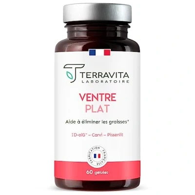 Image de Ventre PLAT Réduit l’Assimilation des Graisses et Sucres Contre Ballonnements Gonflé Actif Breveté ID alG à l’Efficacité Démontrée 60 Gélules Vegan Made in France Terravita