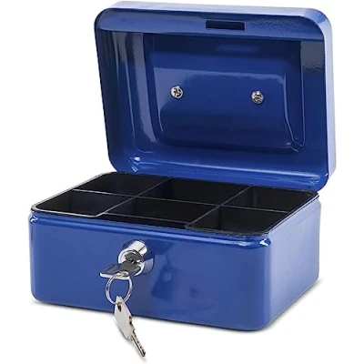 Image de MAUL caisse monnaie en acier 15,2x12,5x8cm verrouillable Coffre cash Insert à amovible avec 2 clés Idéal comme monnayeur, tirelire, tiroir Bleu