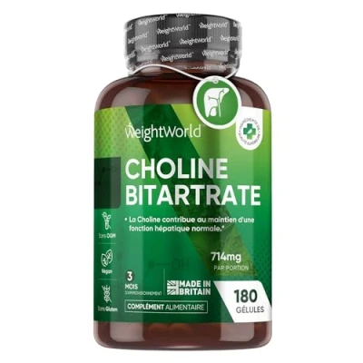 Image de Choline Bitartrate, 714 mg Par Portion 180 Gélules Vegan (3 Mois) Maintien d&#039;une Fonction Hépatique Normale, Contibue au Métabolisme Normal des Lipides et de l&#039;Homocystéine (EFSA) WeightWorld