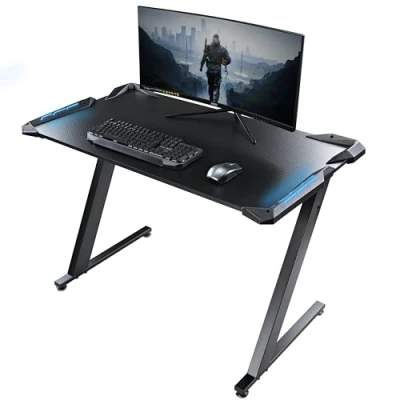 Image de EUREKA ERGONOMIC Bureau Gaming LED Gamer 114 x 64 CM Pieds en Forme Z PC avec Tapis de Souris, Crochet Casque, Porte gobelet et Support Manette