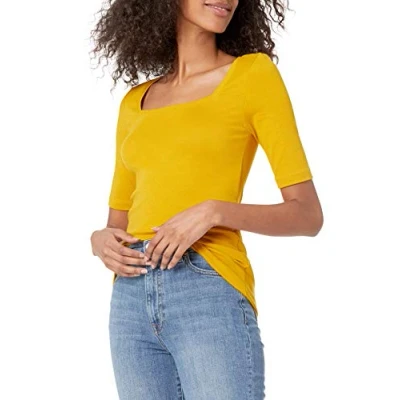 Image de Amazon Essentials T Shirt Ajusté à Manches Mi Longues et Col Carré Femme, Jaune Foncé, XL