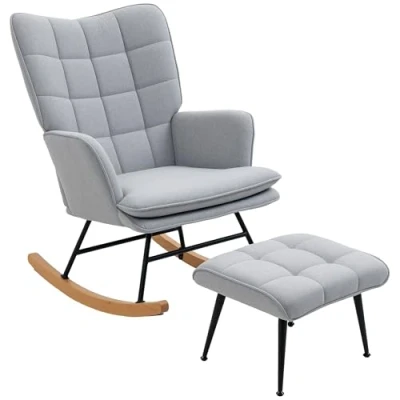 Image de HOMCOM fauteuil à bascule avec tabouret, d&#039;allaitement, aspect lin, capacité de charge jusqu&#039;à 130 kg, pour chambre coucher, salon, gris clair