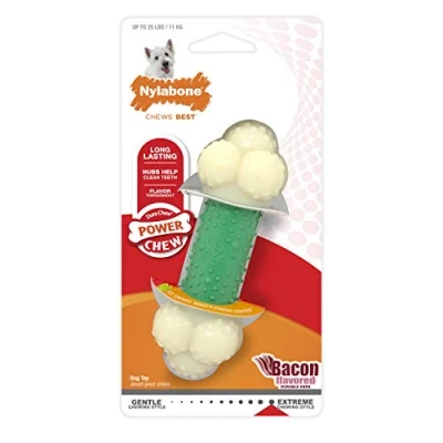 Image de Nylabone os à ronger et jouet dentaire pour les mâcheurs agressifs, double texture, goût bacon moyen Convient aux chiens pesant jusqu’à 16 kilos