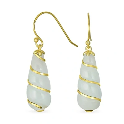 Image de Classique Élégant Lustre En Pierre Véritable Jade Vert Clair Boucles D&#039;Oreilles Pendantes Pour Femmes Or Jaune 14K Avec Accent De Tourbillon .925 Argent Sterling