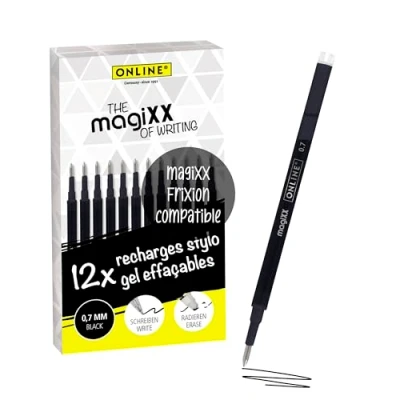 Image de Online 12x recharge roller effaçable noir, compatible avec magiXX, Frixion etc., pour stylos à encre gel effaçables, pointe moyenne, rechargeable