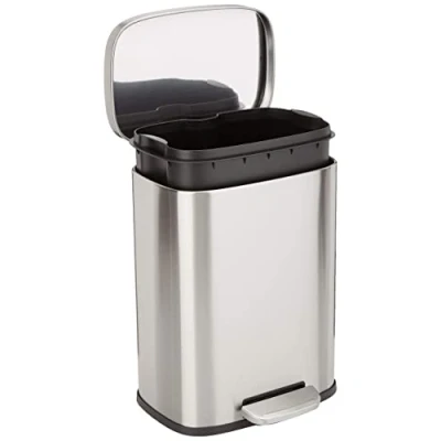 Image de Amazon Basics Poubelle rectangulaire antitache à pédale pour salle de bain, chambre ou salon, se ferme en douceur, acier inoxydable brossé, 12 l, finition nickel satiné, 29 x 25 38 cm (L l H)