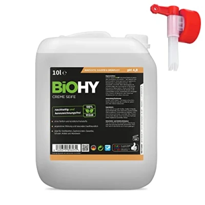 Image de BiOHY Savon crème liquide (Bidon de 10l) + Robinet Recharge à Mains Doux, hydratant et inodore du Secteur végétal sans Phosphate Parfum ni Colorant (Creme Seife)