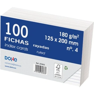 Image de Dohe Lot de 100 fiches lignées en carton Cartes pour écrire des notes, dimensions 20 x 12,5 cm, 180 g/m², n 4, fournitures bureau Blanc