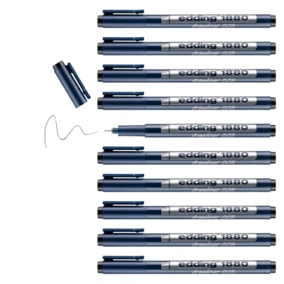 Image de edding 1880 Feutre fin de précision Noir 10 stylos Largeur trait,2 mm pour une écriture et des esquisses précises Pointe fine gainée métal adapté aux règles pochoirs