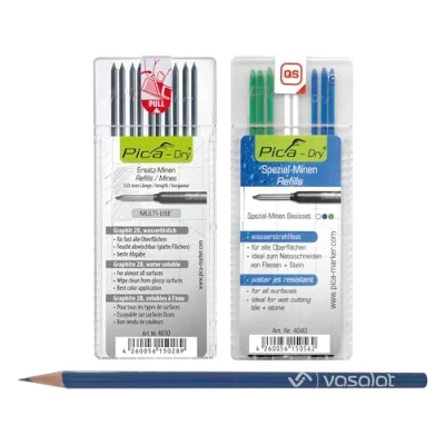 Image de Pica Dry Lot de 10 mines rechange graphite 2B multi usage et 8 résistantes aux jets d&#039;eau en bleu/blanc/vert