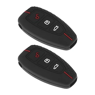 Image de Be In Your Mind 2pcs 3 Boutons Étui de Protection Clé Voiture Remplacement Compatible avec Ford Focus MK2/ MK3/ MK4 en Silicone Porte clés Couverture, Noir Bande Rouge