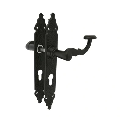 Image de Amig Ensemble de poignées Mod. 100PB 280 x 44 mm Poignée en Zamak avec plaque acier Finition noire Inclut une rosace Europrofil Carré 8 Style Rustique Forgé à la Main