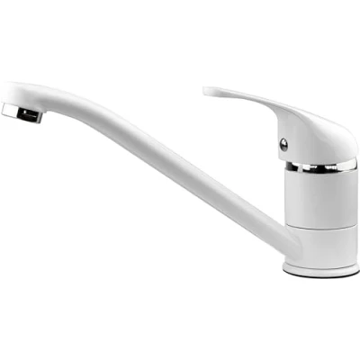 Image de Xcel Home Robinets de cuisine ronds blancs Monobloc à levier supérieur pivotant bec long avec tuyaux et raccords standard peu encombrants parfaits pour les éviers