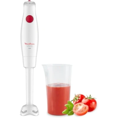 Image de Moulinex Pied Mixeur, 350 W, Un seul bouton de commande, Pièces amovibles compatibles lave vaisselle, Lames Zelkrom durables, antiéclaboussures, Turbomix DD12A110, Blanc