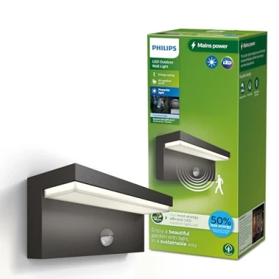 Image de Philips Bustan Applique d&#039;extérieur UltraEfficient, lumière blanche froide 3,8 W 4000 K, anthracite, détecteur de mouvement, IP44 résistante aux intempéries