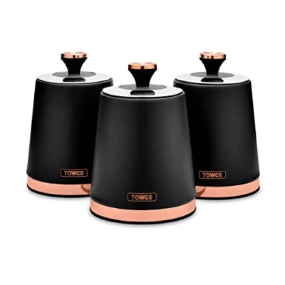 Image de Tower Cavaletto T826131BLK Lot de 3 boîtes Conservation pour thé/café/Sucre Acier Noir/Or Rose
