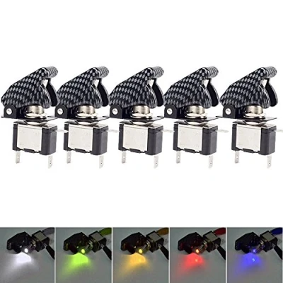 Image de Mintice™ 5 X Interrupteur Commutateur à Bascule Levier SPST ON/OFF Couvercle Fibre Carbon Bleu/Rouge/Vert/Jaune/Blanc Lumière LED 20A 12V pour Voiture Camion Bateau Moto
