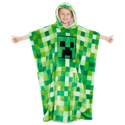 Image de Minecraft Pull Plaid Enfant, Sweat Oversize en Polaire Chaud, Capuche Pilou Garcon Taille Unique (Vert)