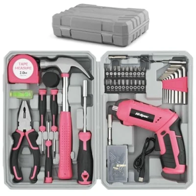 Image de Hi Spec 42pc Tournevis Électrique USB 4V Rose &amp; Kit d’Outils de Maison. Visseuse Sans Fil et Outils Manuels dans une Boîte Compacte