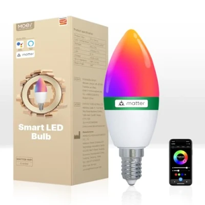 Image de MOES Ampoule Intelligente RGB E14, Compatible avec Matter, Alexa, Google home, Apple 6W 470LM 2700k 6500k Dimmable 16 Millions de Couleurs, 2,4 GHz WiFi