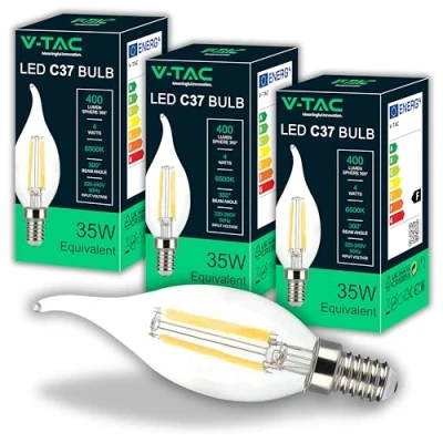 Image de V TAC 3x Ampoules LED Filament Bougie Flamme E14 4W (équivalent à 35W) 400 Lumen 6500K Blanc Froid Ouverture du faisceau lumineux 180 Ampoule Efficacité Maximale et Économie d&#039;Énergie